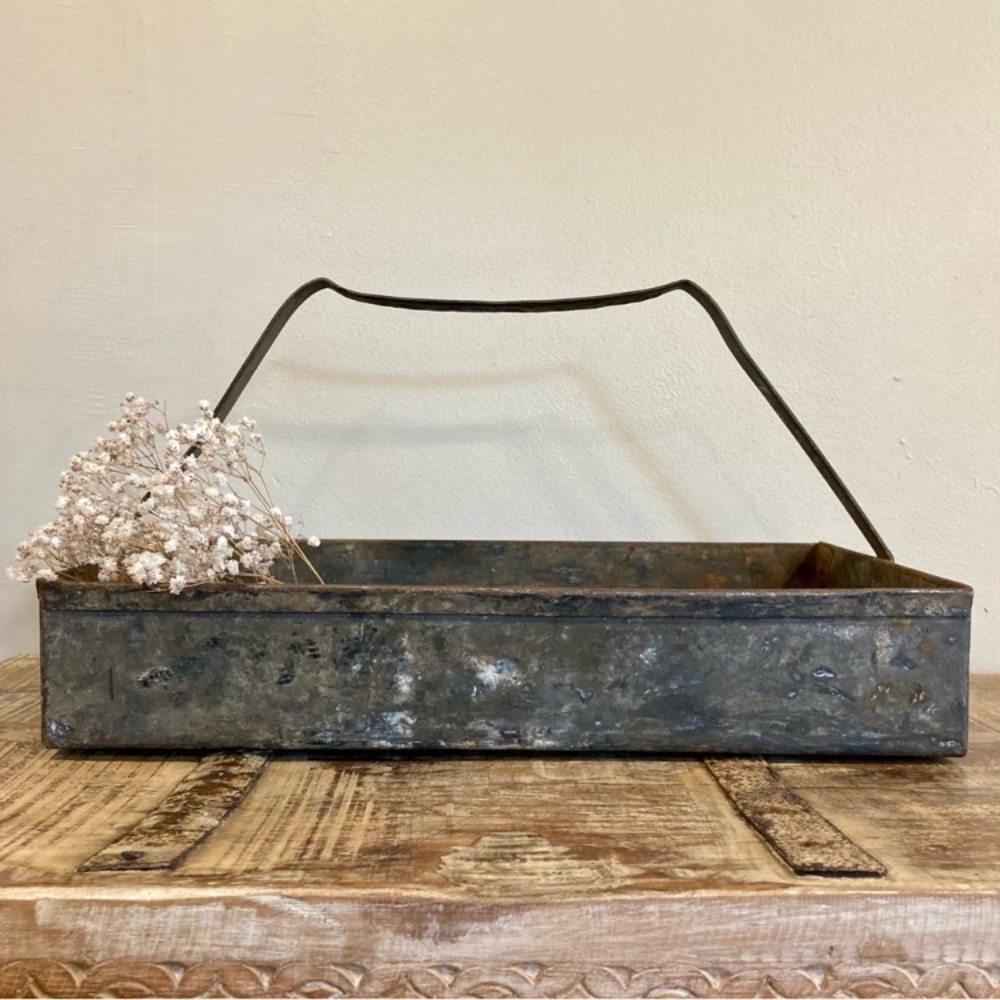 Industrial Distressed Tool Box Metal Tray Metal With Handle Rustic Farmhouse
